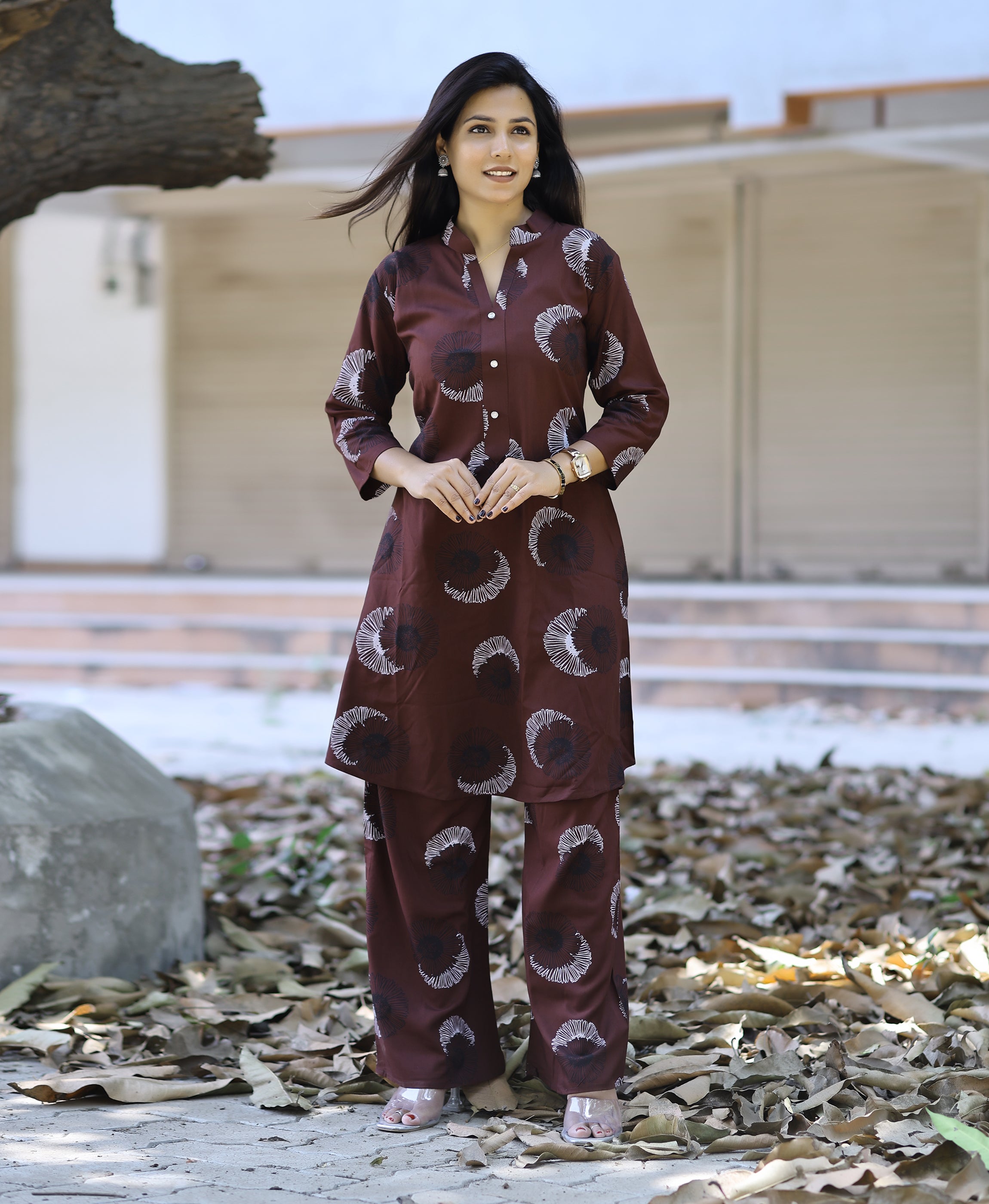 Coffee Brown Rayon Viscose 21 KG Floral & Leaf Printed Co-ord Set
